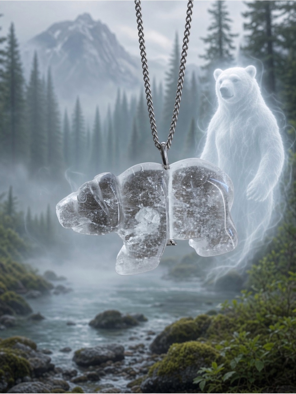 Clear Quartz Bear Hand-Carved Pendant Necklace Long